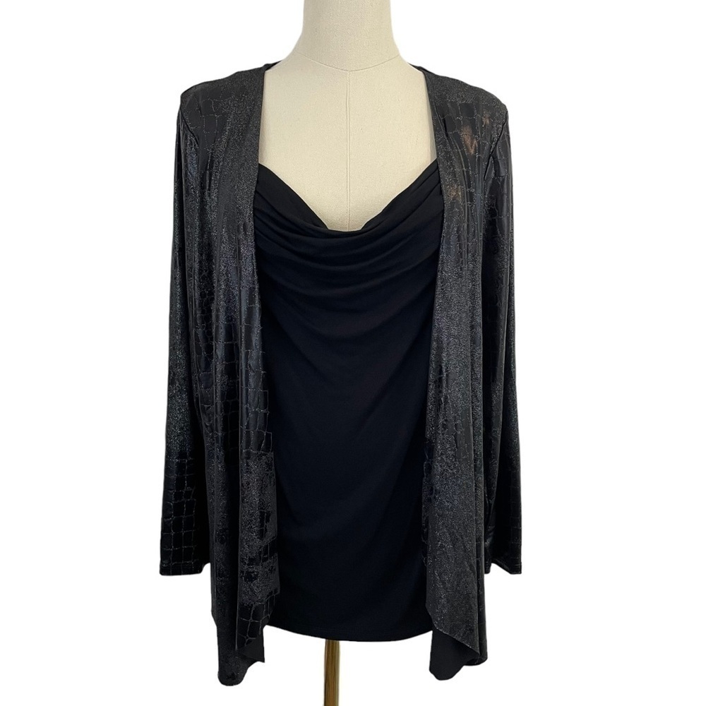 Peter Nygard Cocktail Top Womens M Petite Black Snakeskin Sparkle Party Cowl EUC